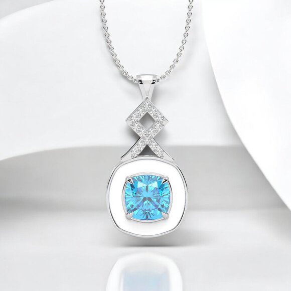 Jillian Samuels Jewelry Jewelry - Cushion Cut Blue Topaz and White Enamel Pendant in 925 Sterling Silver
